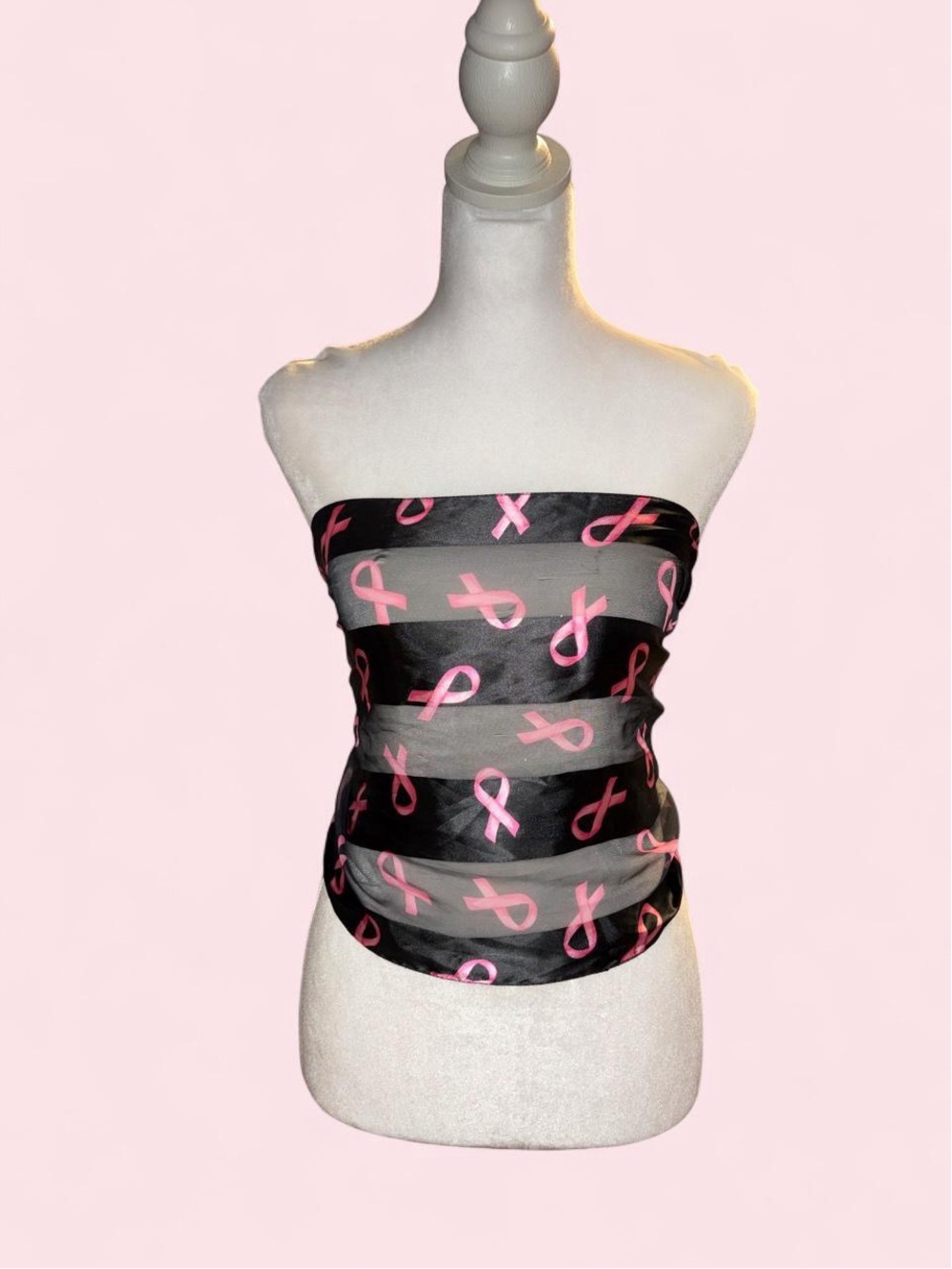 Black & Pink Ribbon Print Bandeau Scarf Top